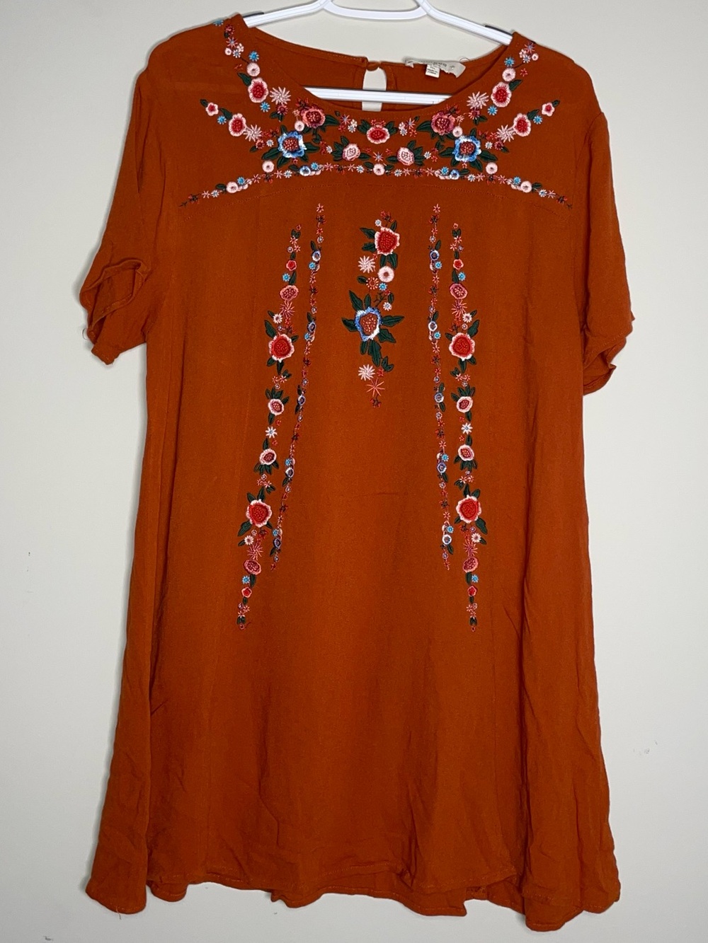 Umgee 1XL Orange Floral Embroidery Short Sleeve Dress Boho